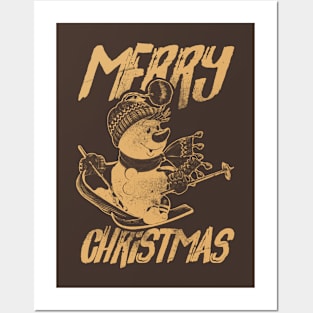 Skiing Snowman - Merry Christmas - Brown Posters and Art